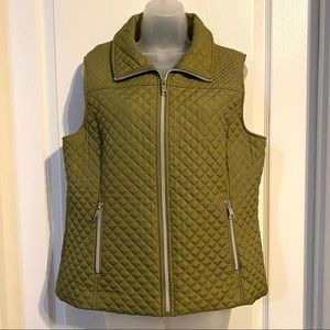 Olive green vest, with silver zipper accents